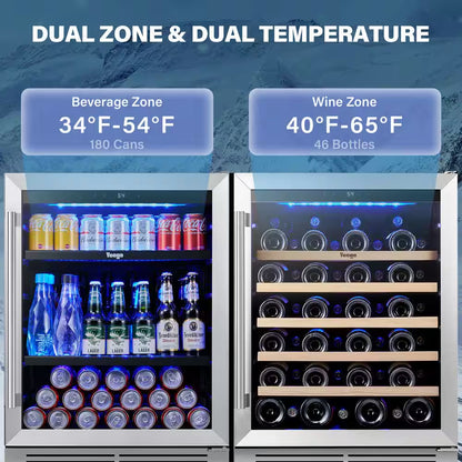 48 In. Dual Zone 52-Wine Bottles 140-Cans Beverage and Wine Cooler Side-By-Side Refrigerator Built-In Fridge in Black
