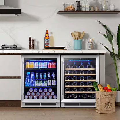 48 In. Dual Zone 52-Wine Bottles 140-Cans Beverage and Wine Cooler Side-By-Side Refrigerator Built-In Fridge in Black