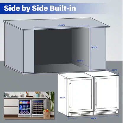 48 In. Dual Zone 52-Wine Bottles 140-Cans Beverage and Wine Cooler Side-By-Side Refrigerator Built-In Fridge in Black