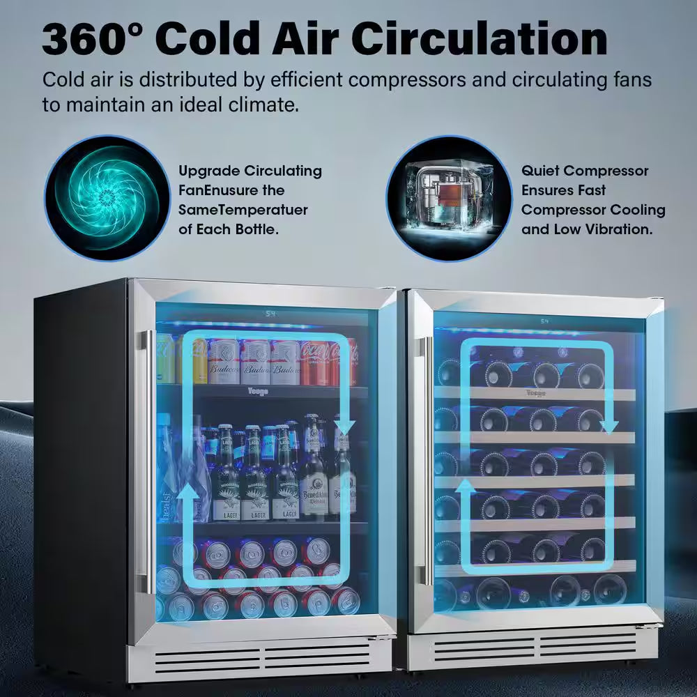 48 In. Dual Zone 52-Wine Bottles 140-Cans Beverage and Wine Cooler Side-By-Side Refrigerator Built-In Fridge in Black