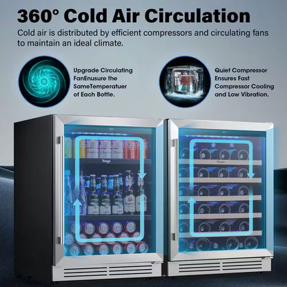 48 In. Dual Zone 52-Wine Bottles 140-Cans Beverage and Wine Cooler Side-By-Side Refrigerator Built-In Fridge in Black